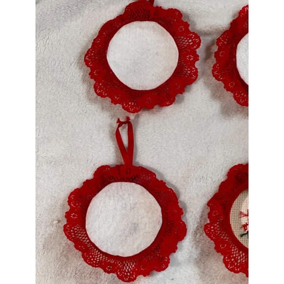 7 Christmas-Themed Cross Stitch Ornaments Lace Trim & Hanging Ribbons Handmade - Picture 12 of 16